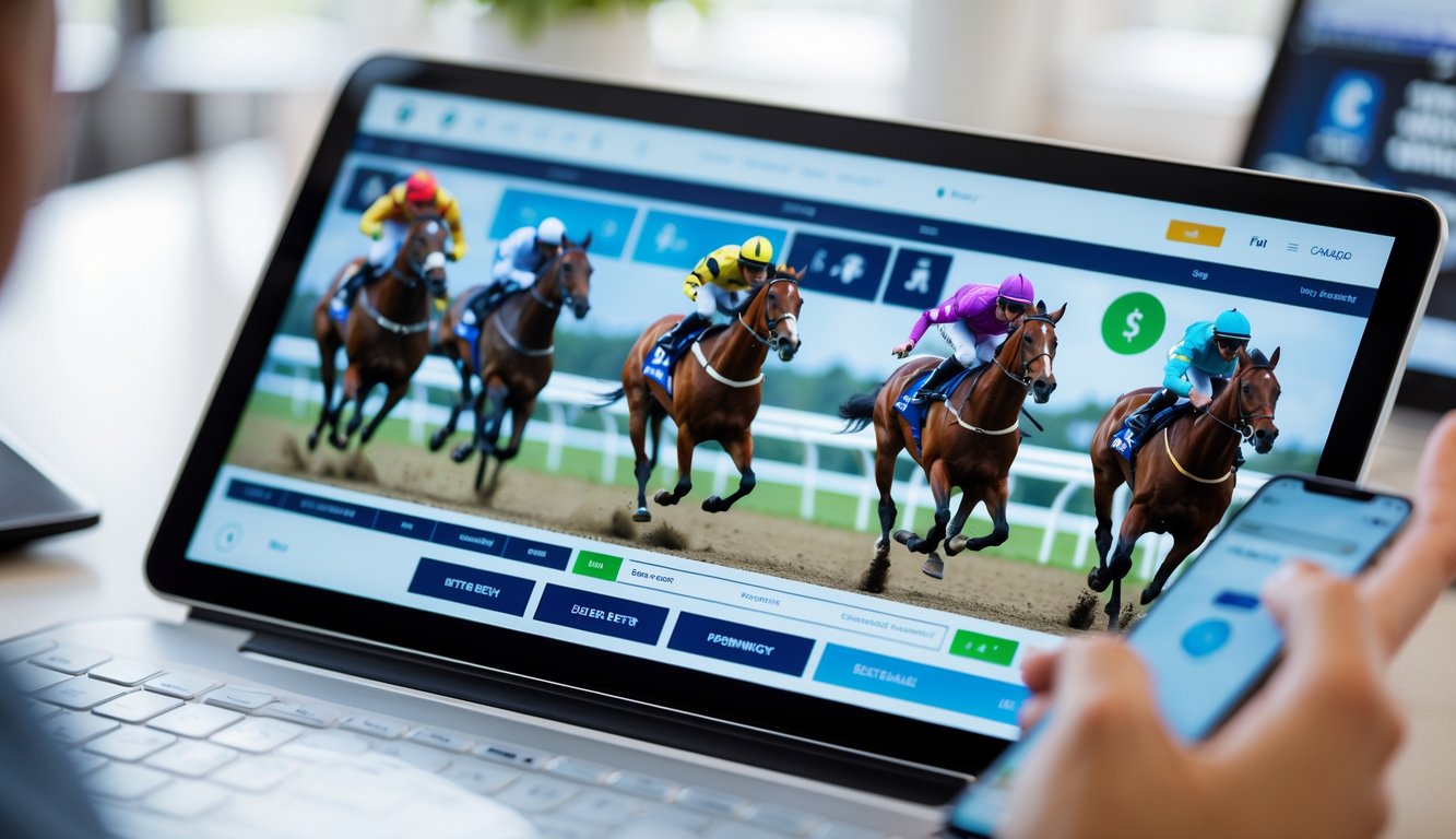 Antarmuka taruhan balap kuda online pada perangkat digital dengan gambar balapan kuda yang sedang berlangsung dan simbol transaksi digital.