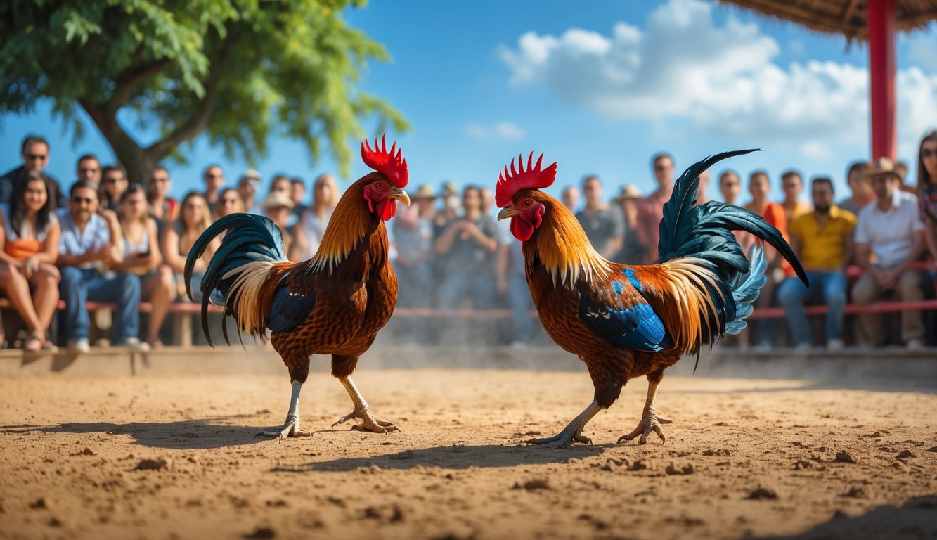 Dua ayam jago sedang bertarung di arena dengan penonton yang antusias di sekitarnya.