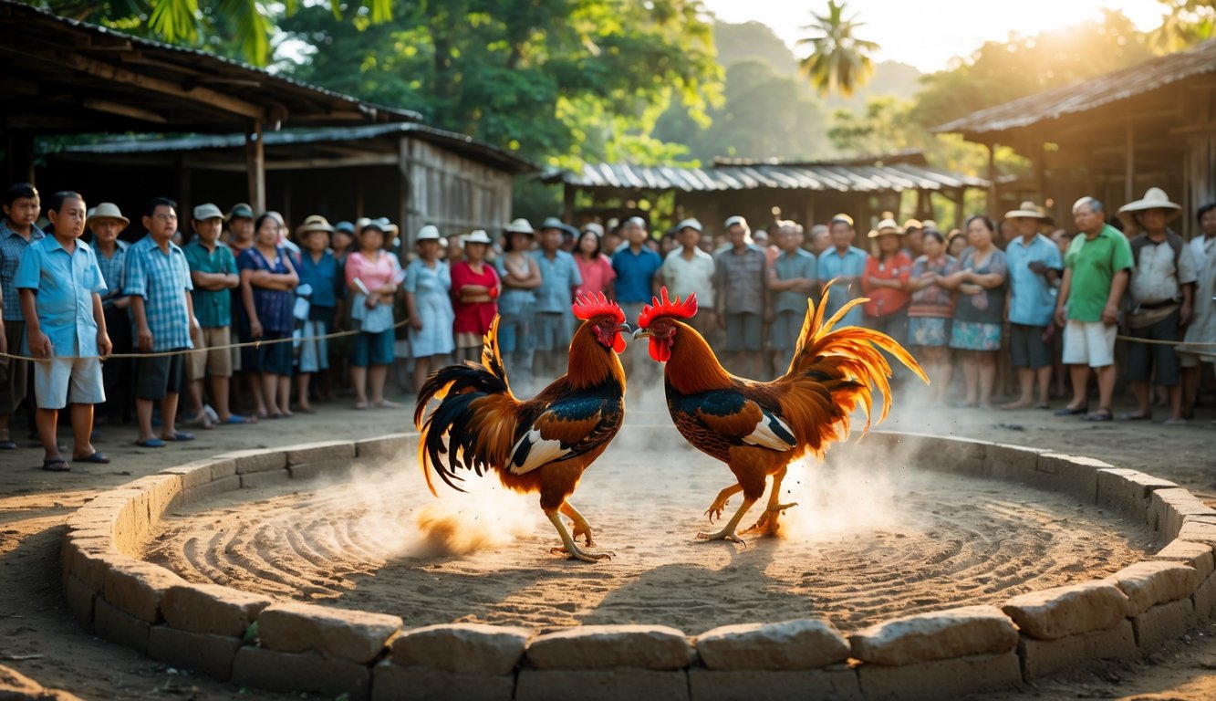 Arena sabung ayam tradisional dengan dua ayam jago sedang bertarung dan kerumunan orang menonton di sekitarnya.