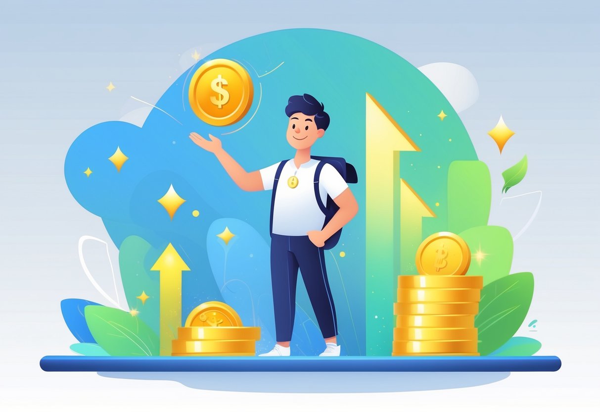 Ilustrasi seorang karakter menyambut dengan tangan terbuka dan memegang lencana emas, dikelilingi oleh elemen grafis yang melambangkan pertumbuhan dan hadiah.