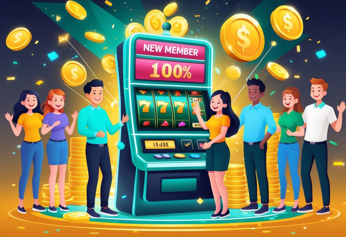 Ilustrasi pemain baru yang senang bermain mesin slot dengan koin dan chip berkilauan di sekitar mereka.