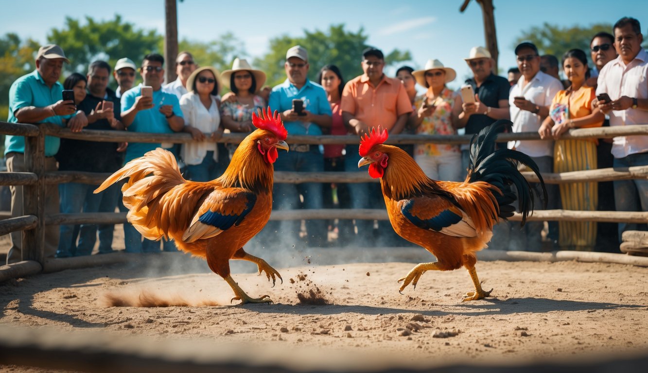 Seorang kelompok orang menonton dan merekam pertarungan dua ayam jago di arena terbuka dengan pagar kayu.