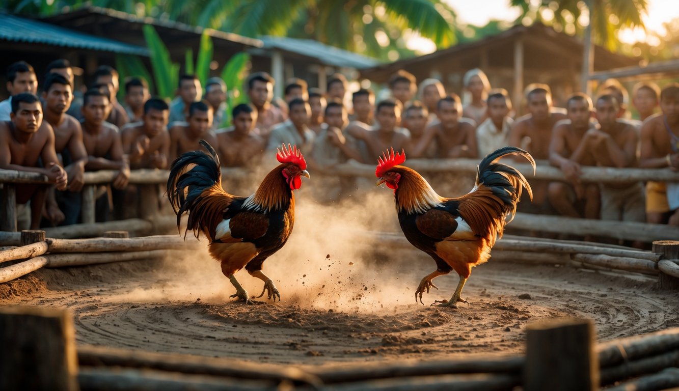 Dua ayam jago bertarung di arena tanah dikelilingi oleh sekelompok orang yang memperhatikan dengan serius.