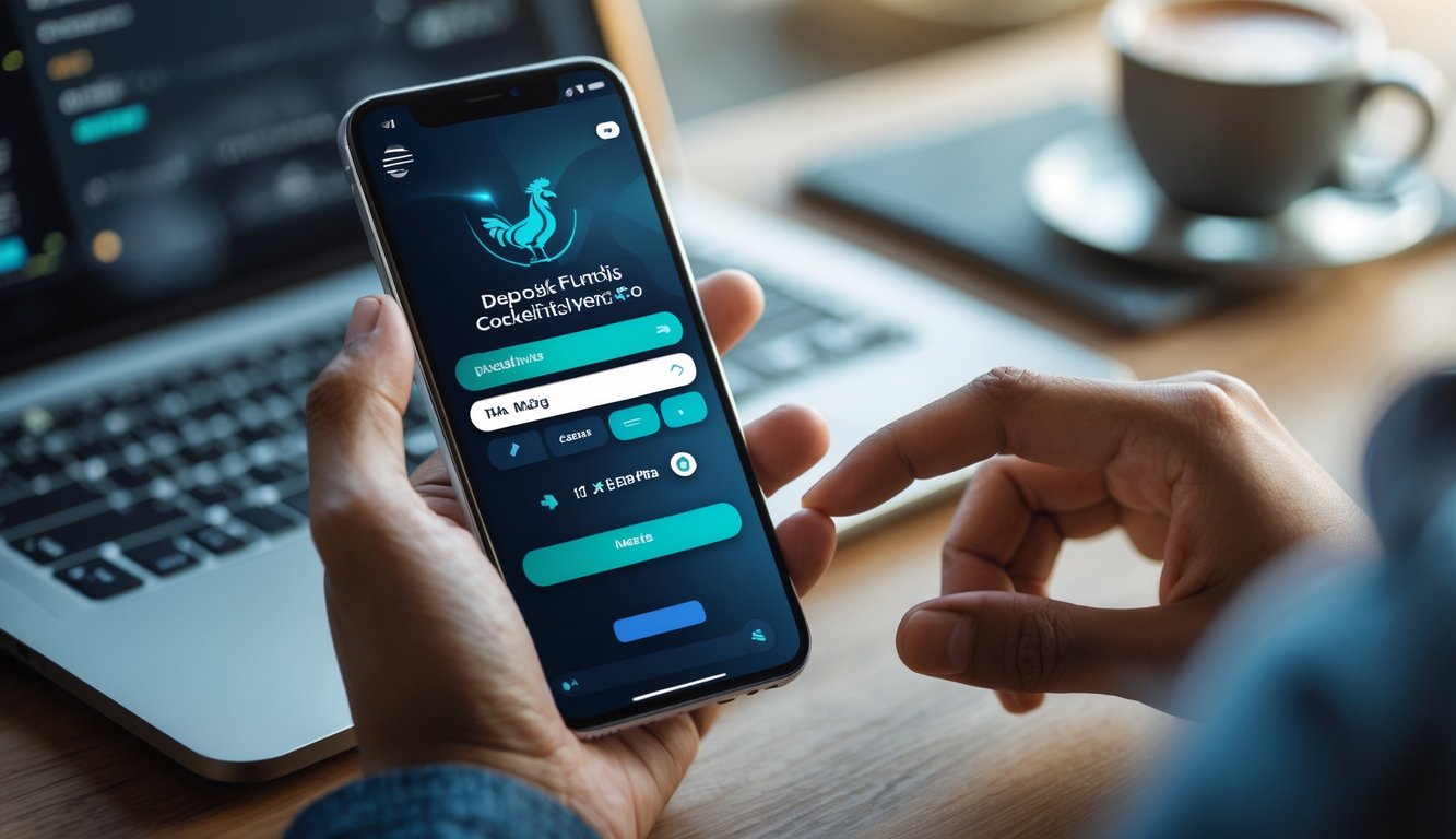 Seseorang menggunakan ponsel untuk melakukan deposit pulsa dalam suasana kerja santai.