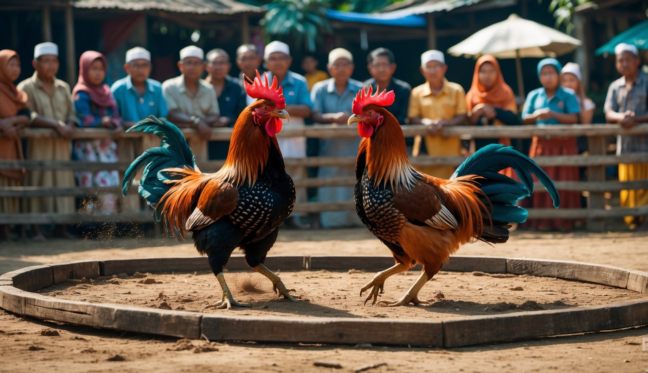 Dua ayam jago bertarung di arena sabung ayam tradisional dengan penonton di sekelilingnya.