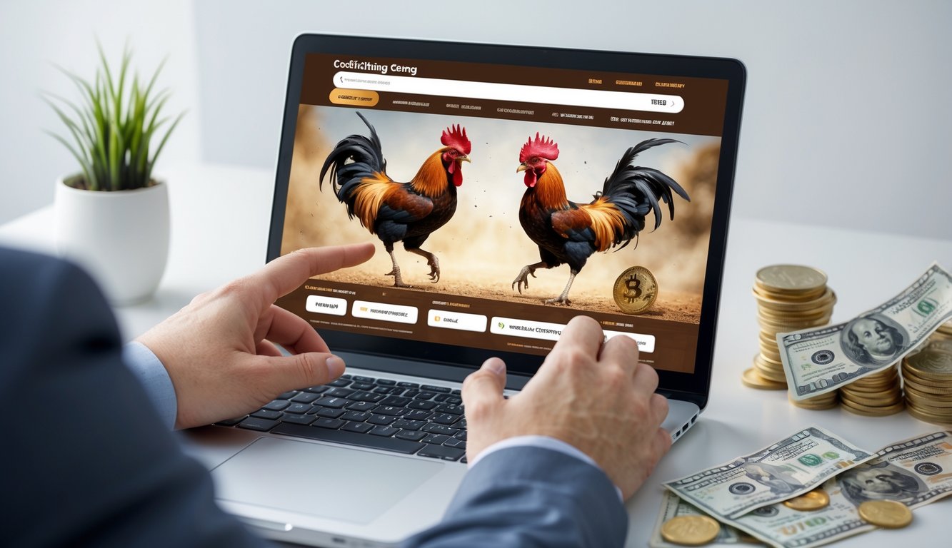 Seseorang menggunakan laptop atau ponsel untuk bertaruh dalam adu ayam secara online dengan uang asli di meja kerja.