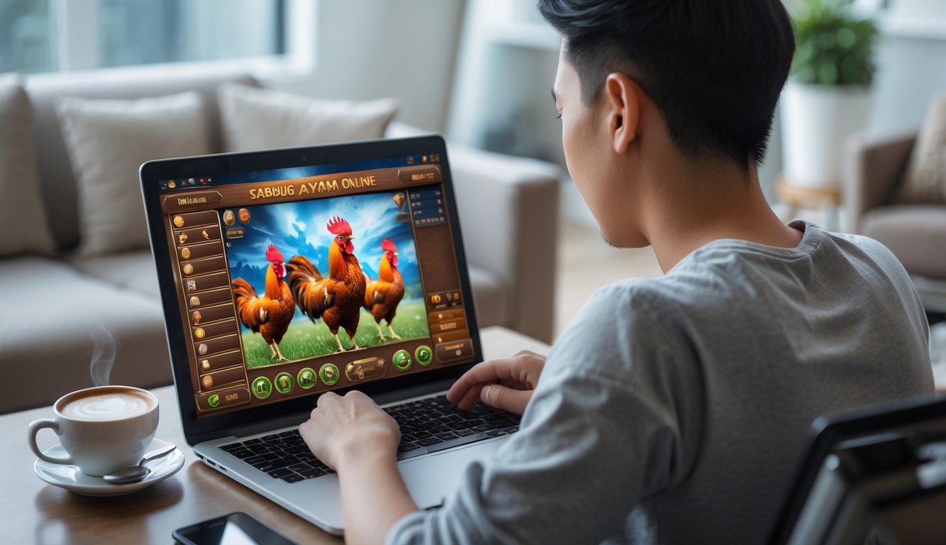 Seseorang menggunakan laptop di ruang tamu yang nyaman, fokus pada permainan sabung ayam online di layar.
