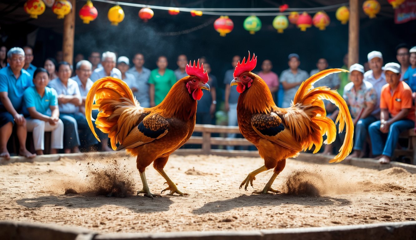 Dua ayam jago sedang bertarung di arena dengan penonton yang antusias mengelilingi mereka.