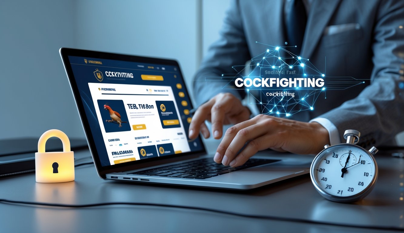 Seseorang menggunakan laptop dengan tampilan situs taruhan sabung ayam yang aman dan cepat di meja kerja modern.