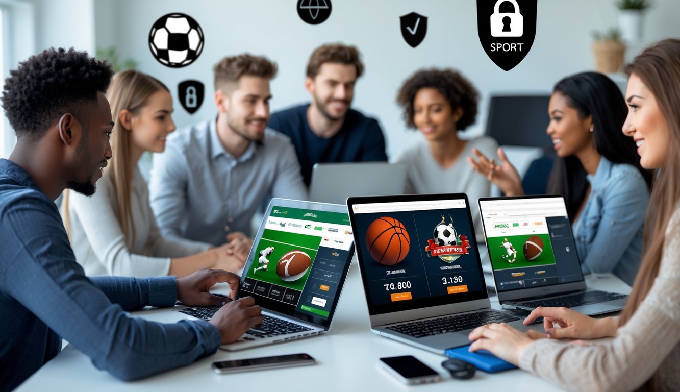 Sekelompok orang muda menggunakan perangkat digital untuk taruhan olahraga online di ruang kerja modern.
