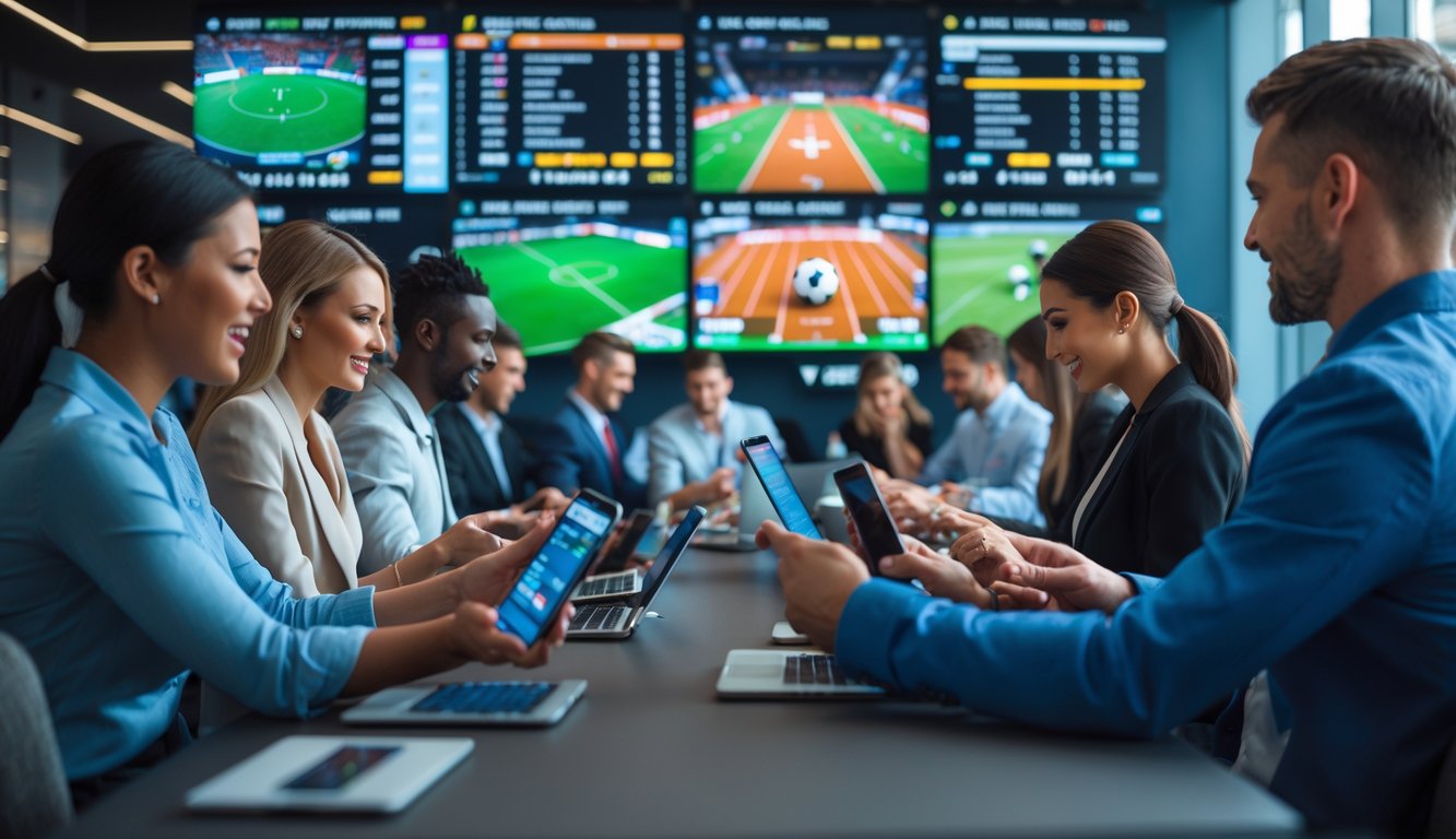 Beberapa orang menggunakan perangkat digital untuk bertaruh pada berbagai pertandingan olahraga di ruang taruhan modern dengan layar besar menampilkan pertandingan langsung.