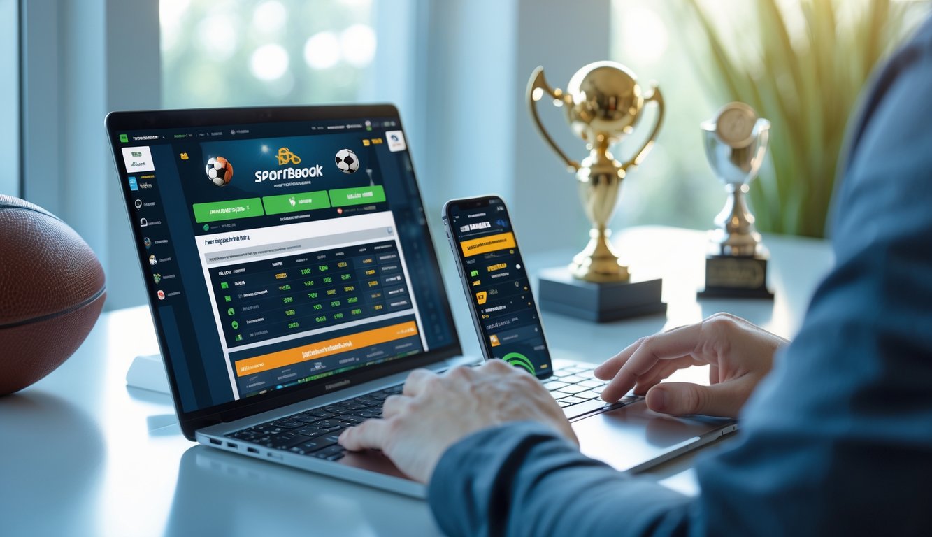 Seseorang menggunakan laptop dan ponsel di meja dengan perlengkapan olahraga di latar belakang.