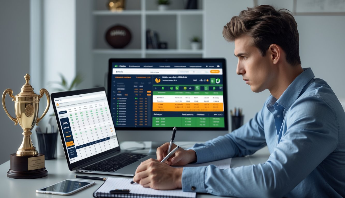 Seorang pria muda duduk di meja dengan beberapa perangkat digital yang menampilkan statistik dan pertandingan sepak bola, sedang menganalisis data taruhan sepak bola online.
