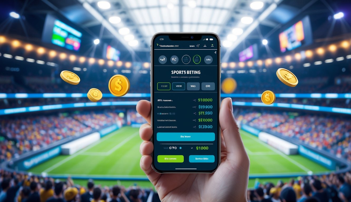 Seseorang memegang ponsel dengan tampilan aplikasi taruhan olahraga, latar belakang stadion olahraga yang ramai dengan penonton dan lampu terang.