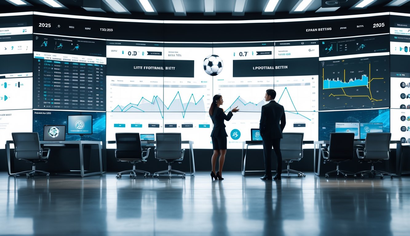 Seorang pria dan wanita sedang melihat data pertandingan sepak bola di layar digital dalam ruangan kantor modern.