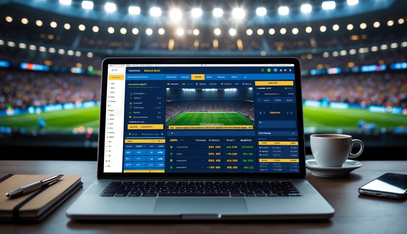 Seorang pria menggunakan laptop dengan tampilan taruhan sepak bola online di meja kerja modern dengan latar belakang stadion sepak bola yang ramai.