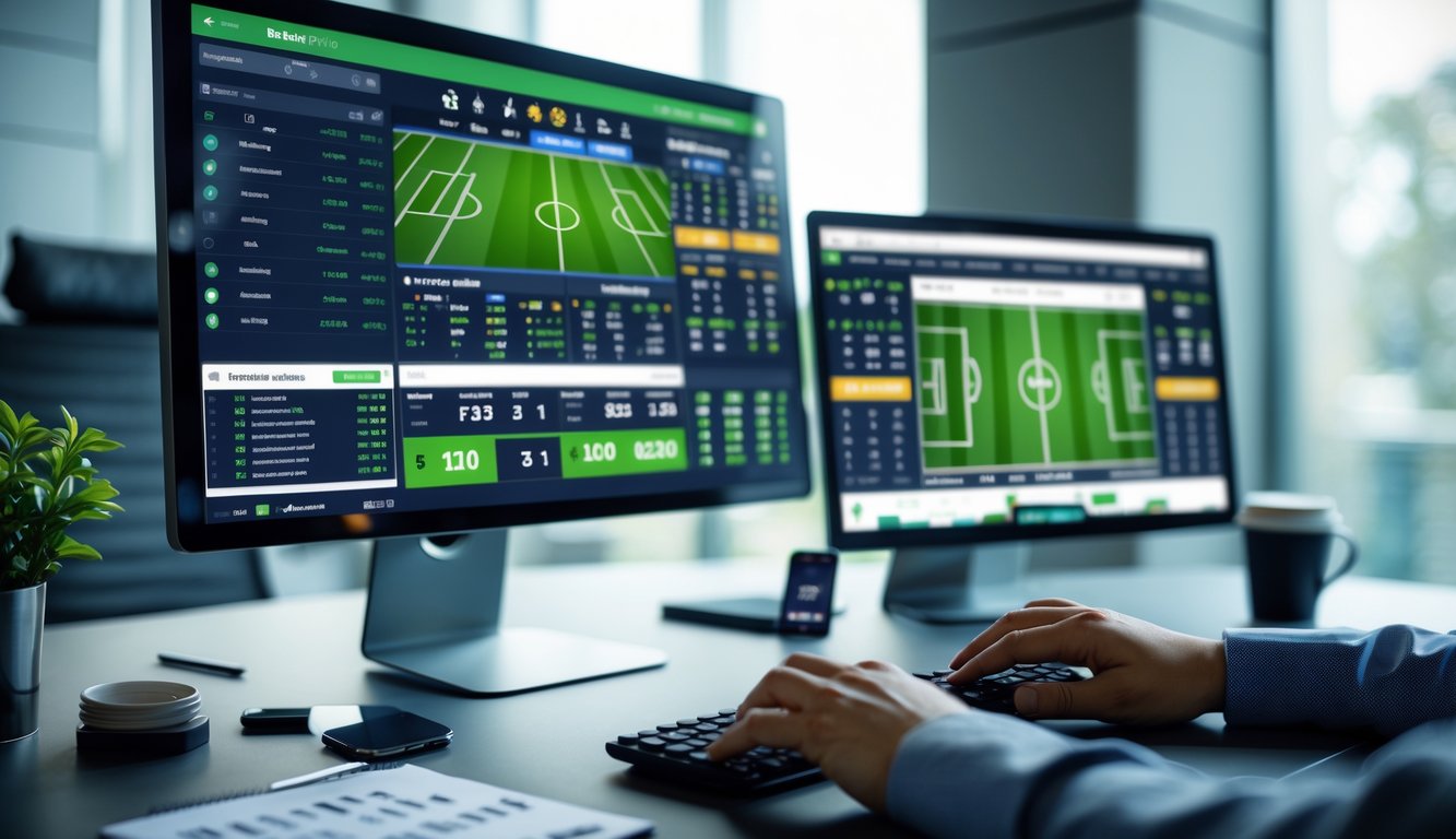 Seseorang sedang menggunakan komputer dengan beberapa layar menampilkan pertandingan sepak bola dan statistik taruhan.