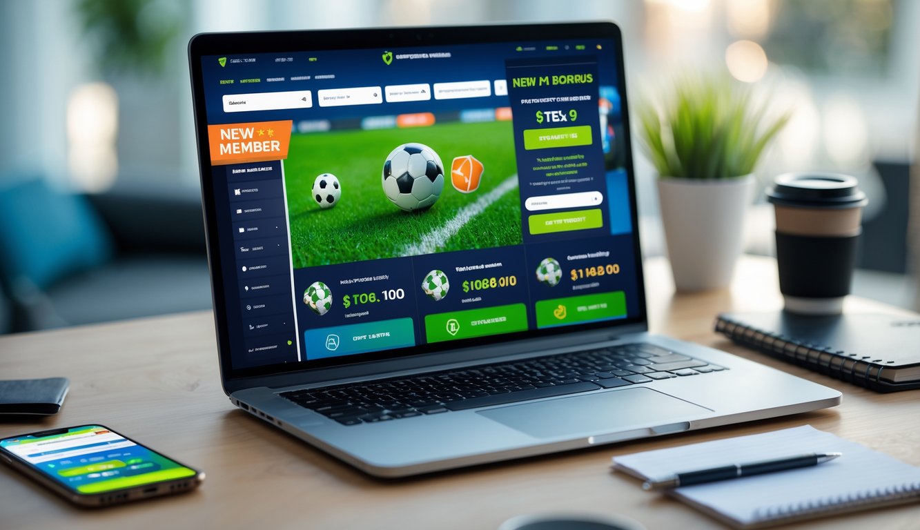 Seorang pria duduk di depan laptop yang menampilkan situs taruhan bola dengan grafik sepak bola, di meja terdapat ponsel dan cangkir kopi.