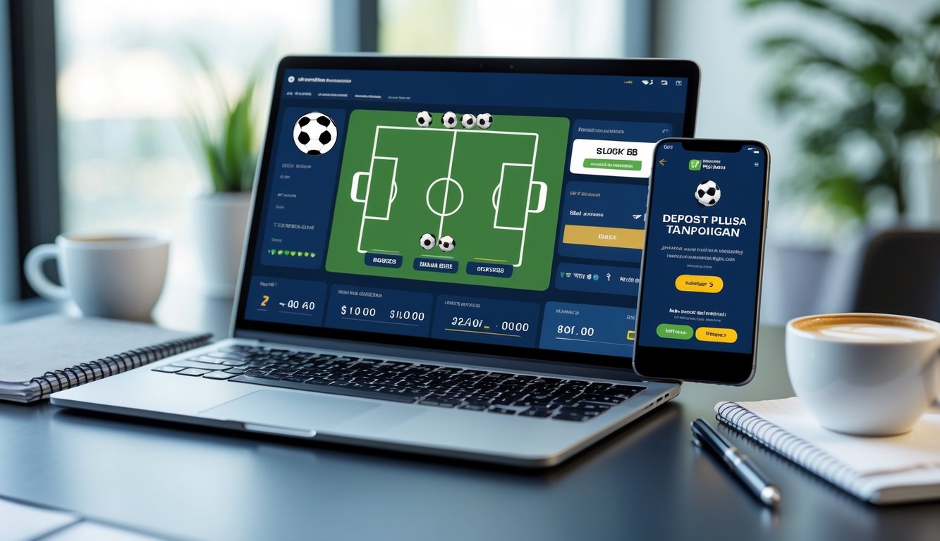 Seorang pria menggunakan laptop dan ponsel untuk memasang taruhan bola secara online di meja kerja yang rapi.
