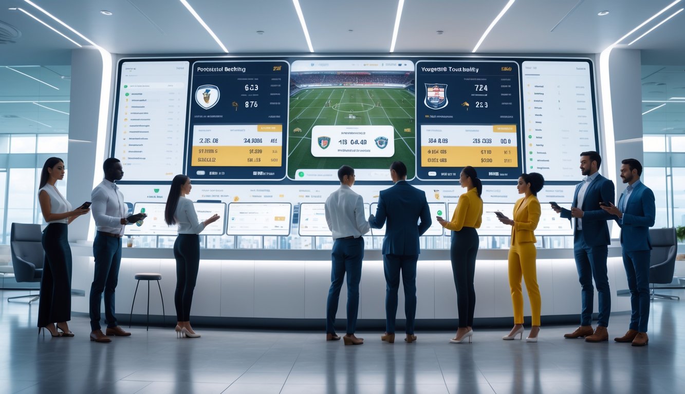 Sekelompok orang di ruangan modern sedang melihat layar besar yang menampilkan statistik dan informasi pertandingan sepak bola secara langsung.