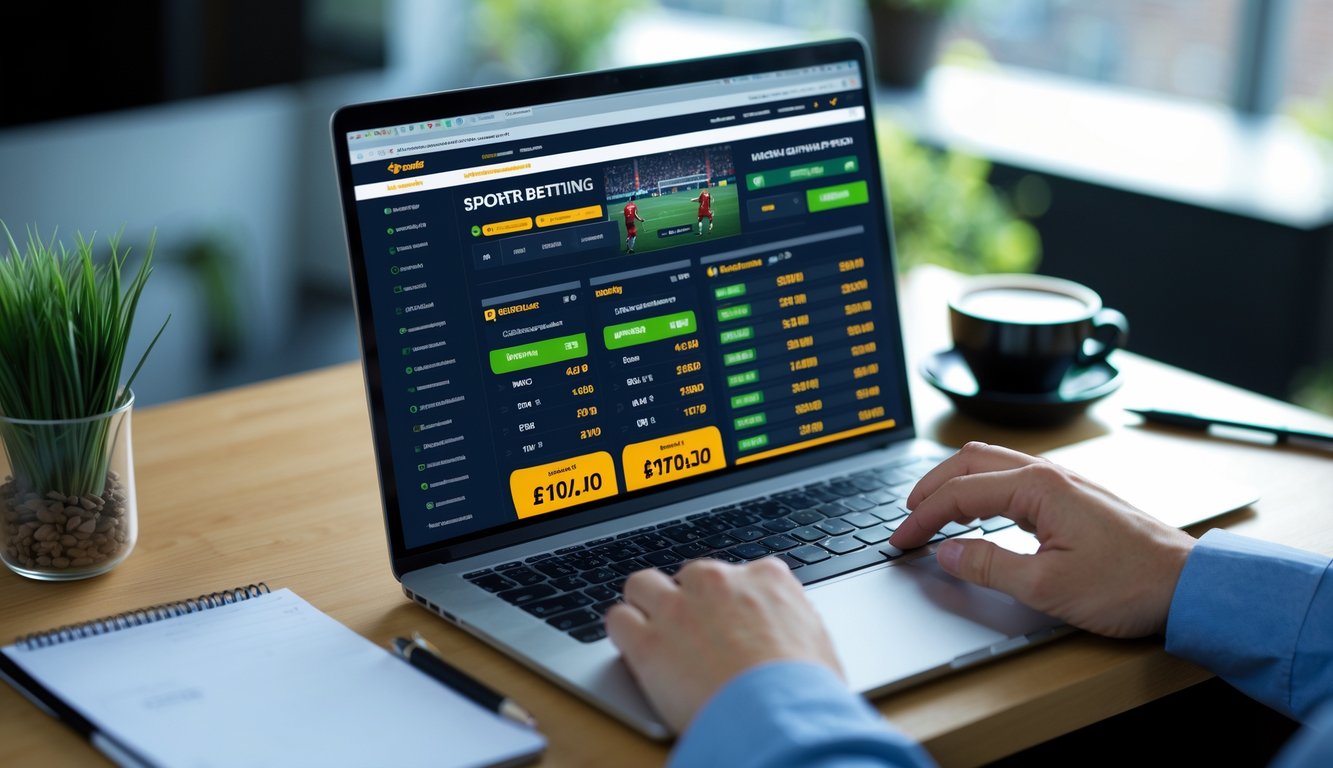 Seorang pengguna bekerja dengan laptop dan ponsel yang menampilkan situs taruhan bola online di ruang kerja modern.