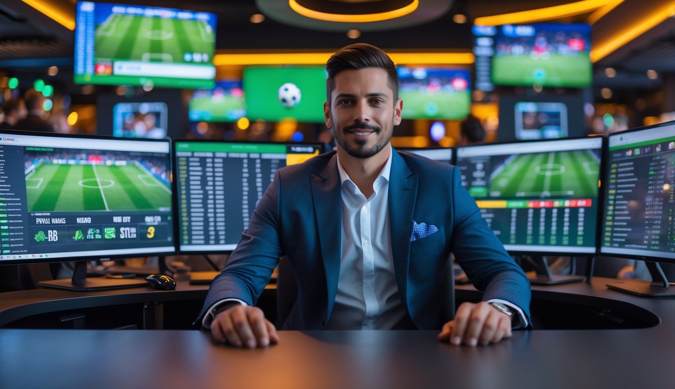 Seorang pria duduk di depan beberapa monitor komputer yang menampilkan pertandingan sepak bola dan statistik taruhan dalam suasana bar olahraga.