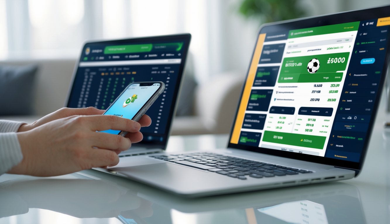 Seseorang menggunakan laptop dan ponsel untuk melihat antarmuka taruhan bola secara online di meja kerja.