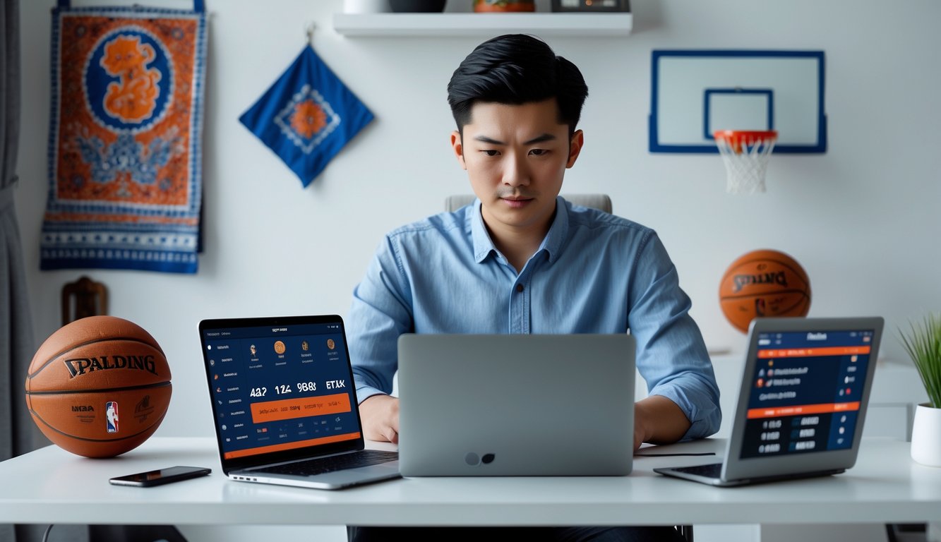 Seorang pria muda Indonesia duduk di meja dengan laptop dan ponsel yang menampilkan data taruhan NBA secara online.