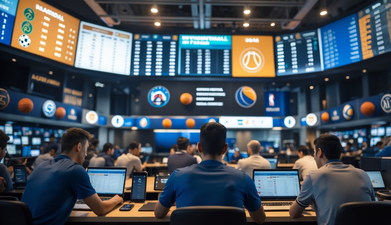 Orang-orang di ruang taruhan olahraga menonton layar dengan data taruhan bola basket internasional.