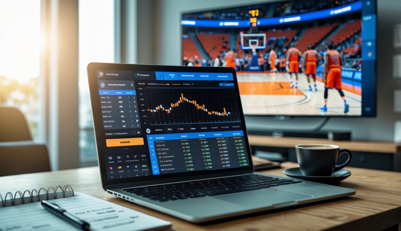 Meja kerja dengan laptop menampilkan statistik bola basket, ponsel dengan aplikasi taruhan, dan televisi yang menayangkan pertandingan bola basket.