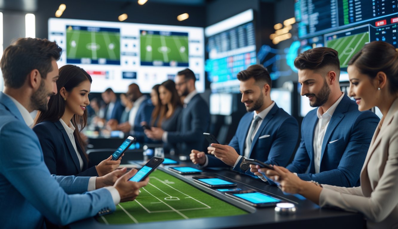 Orang-orang sedang memasang taruhan sepak bola menggunakan perangkat digital di ruang yang modern dan terang dengan layar besar menampilkan pertandingan sepak bola langsung.