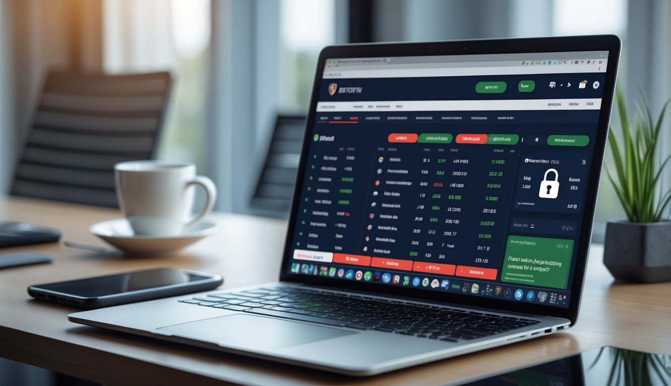 Seorang pria duduk di depan laptop yang menampilkan situs taruhan bola dengan simbol keamanan di layar.