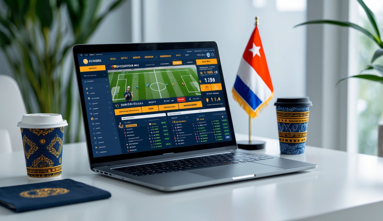 Seseorang menggunakan komputer dengan tampilan situs taruhan bola online di layar, dengan elemen budaya Indonesia di sekitar meja kerja.