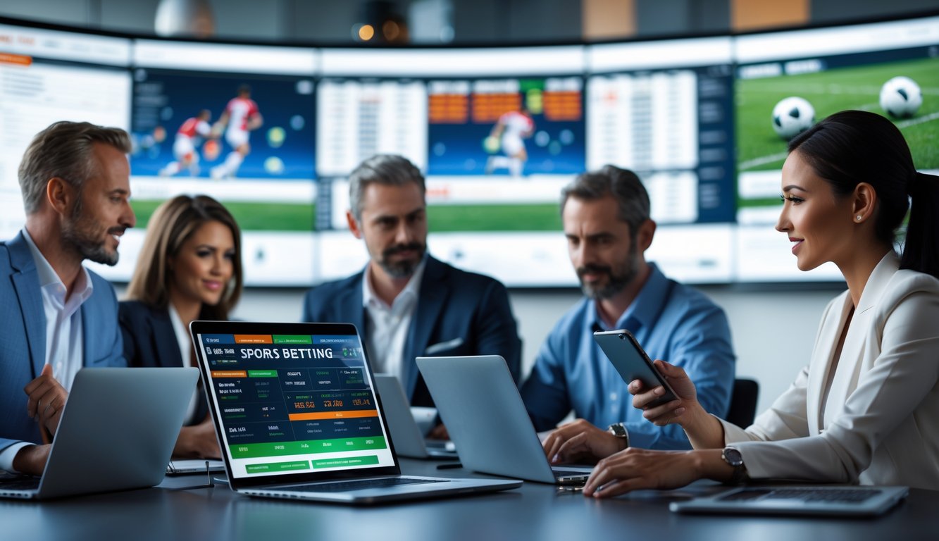 Orang-orang menggunakan perangkat digital di kantor modern dengan layar besar menampilkan pertandingan olahraga.