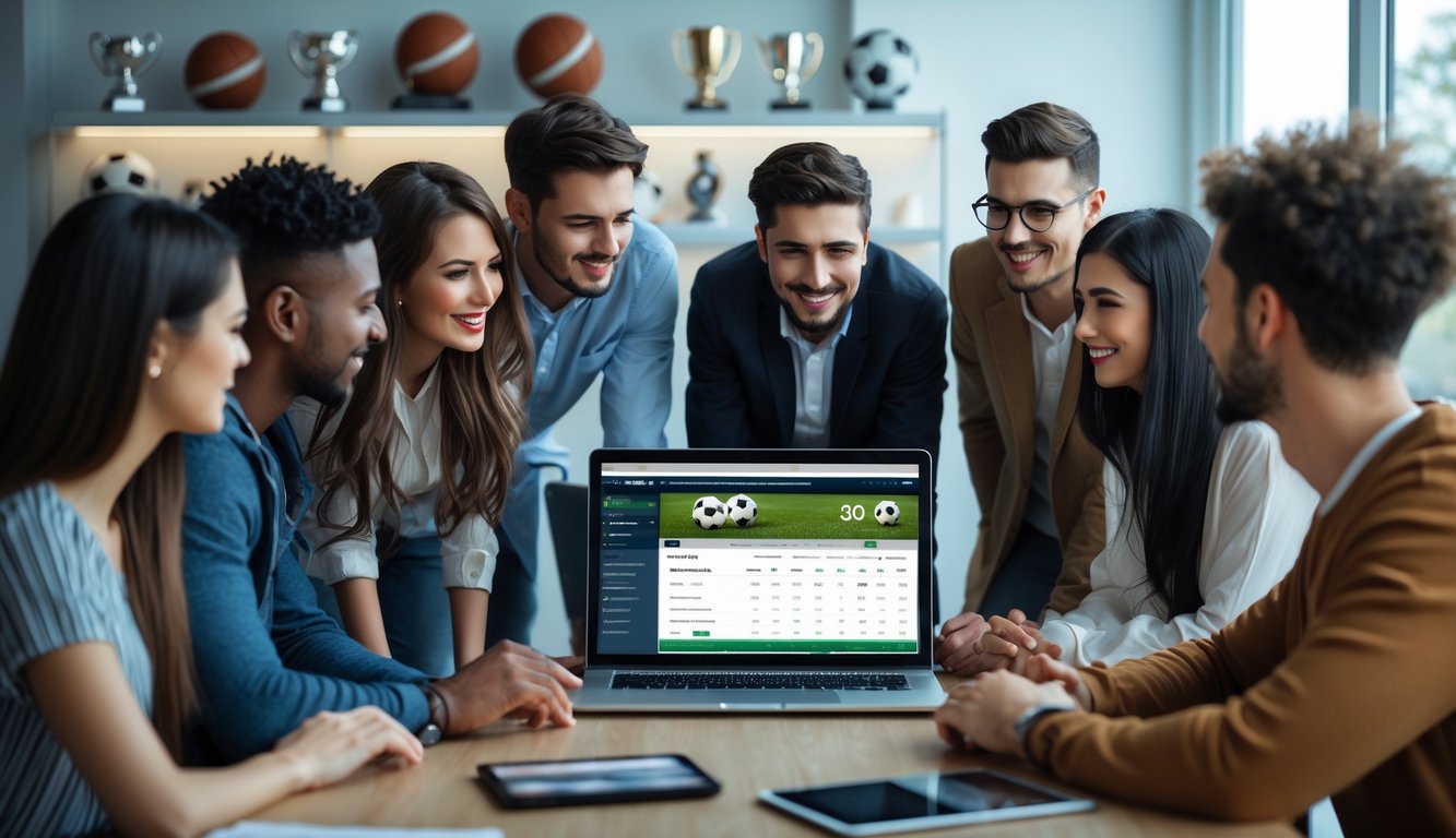 Sekelompok orang muda sedang menggunakan laptop di kantor dengan tema taruhan bola kecil.