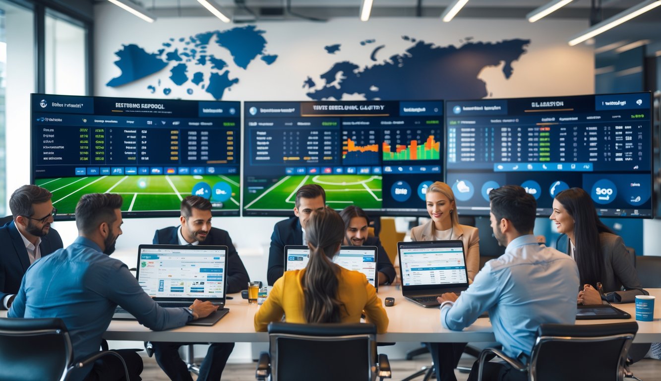 Orang-orang sedang melihat data pertandingan sepak bola secara serius di sebuah kantor modern.