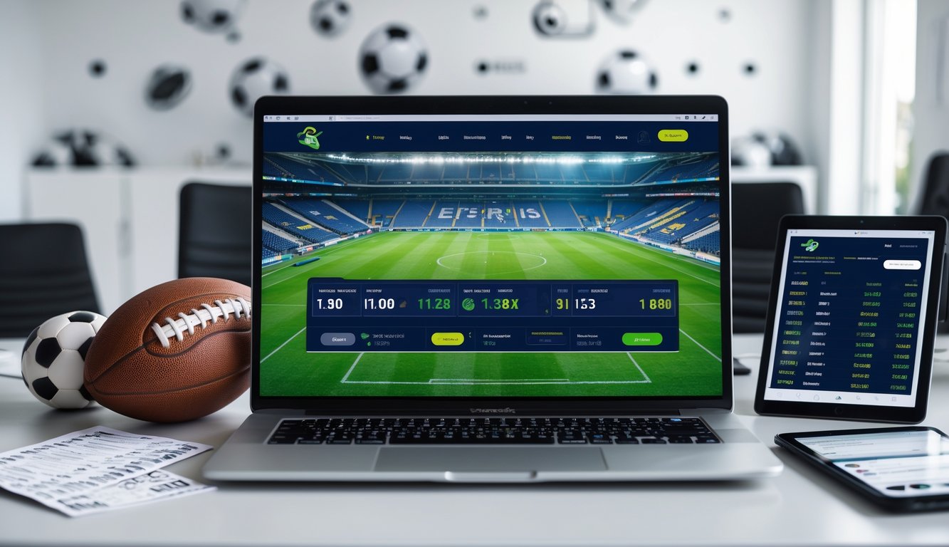Seorang pria menggunakan laptop di meja dengan tampilan situs taruhan bola resmi dan elemen terkait sepak bola di sekitarnya.