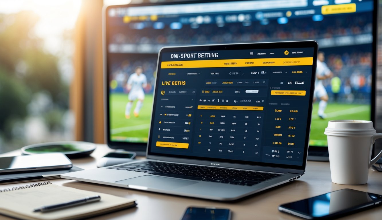 Seorang pria menggunakan laptop di meja kerja dengan layar menampilkan situs taruhan sepak bola, dikelilingi oleh ponsel, kopi, dan catatan, dengan pertandingan sepak bola yang sedang berlangsung di layar latar belakang.