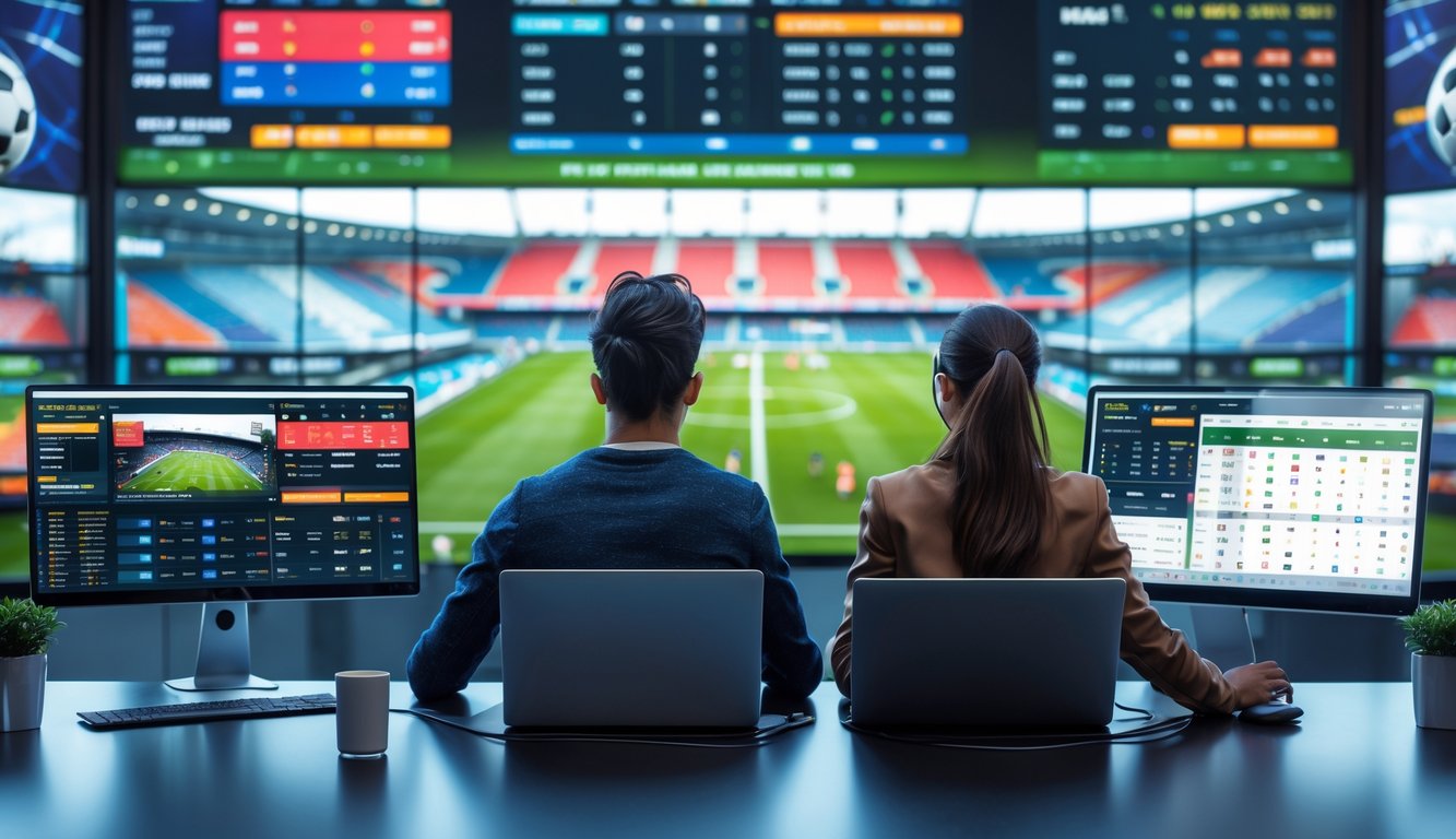 Dua orang muda sedang menggunakan komputer dan ponsel untuk memasang taruhan sepak bola secara online di kantor modern dengan layar besar menampilkan pertandingan sepak bola.