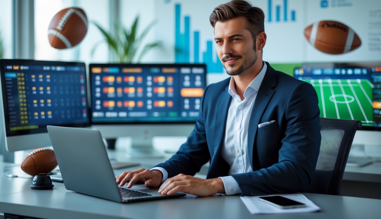 Seorang pria profesional duduk di meja dengan beberapa layar komputer yang menampilkan acara olahraga dan peluang taruhan.