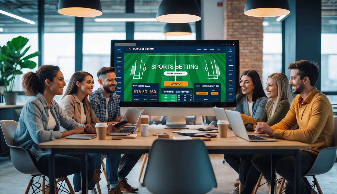 Sekelompok orang muda sedang menggunakan komputer dan ponsel untuk memasang taruhan bola secara online di sebuah kantor modern.