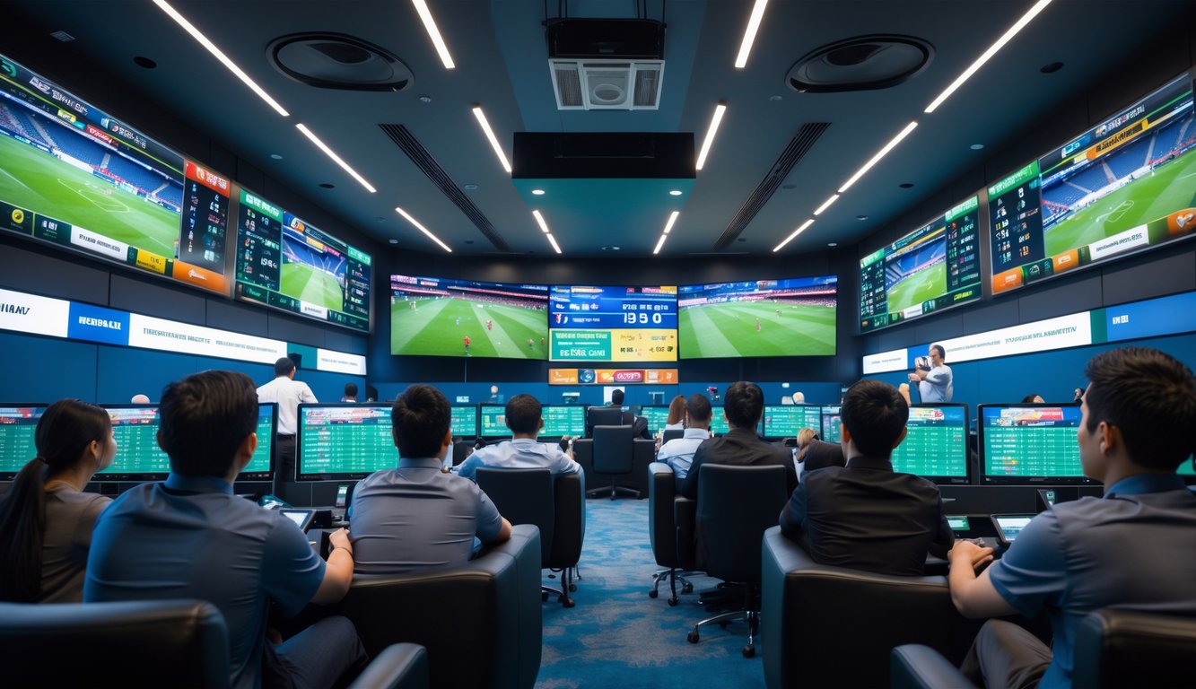 Sejumlah orang menonton pertandingan sepak bola di layar besar dengan grafik peluang taruhan di ruangan modern.