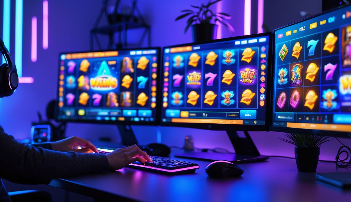 Meja komputer modern dengan beberapa layar menampilkan permainan slot online yang berwarna-warni, tangan seseorang sedang menggunakan mouse dan keyboard di lingkungan kantor rumah yang rapi.