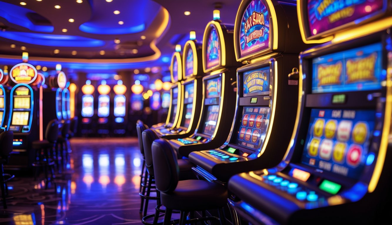 Area mesin slot kasino modern yang terang dengan beberapa mesin slot berwarna-warni dan lampu menyala.