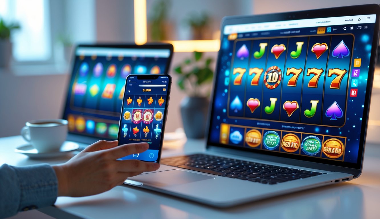 Seseorang menggunakan laptop dan ponsel dengan tampilan permainan slot warna-warni di meja kerja yang rapi.