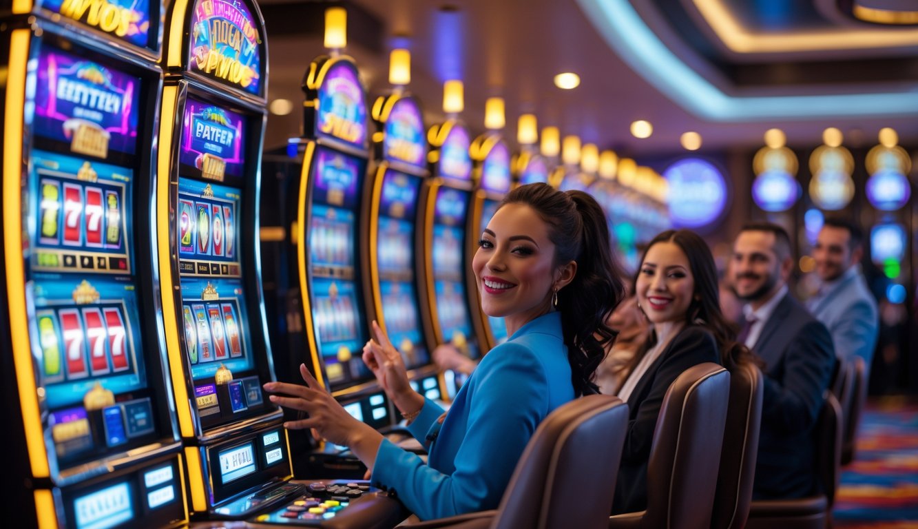 Sejumlah orang sedang bermain mesin slot di kasino yang terang dan modern dengan mesin slot berwarna-warni dan lampu yang menyala.