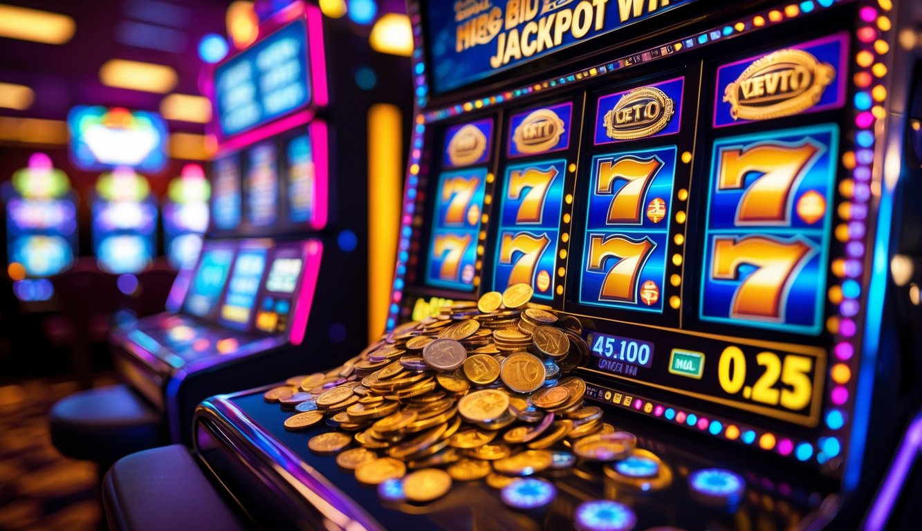 Mesin slot di kasino dengan lampu berwarna-warni menampilkan kemenangan jackpot besar dengan koin yang melimpah.