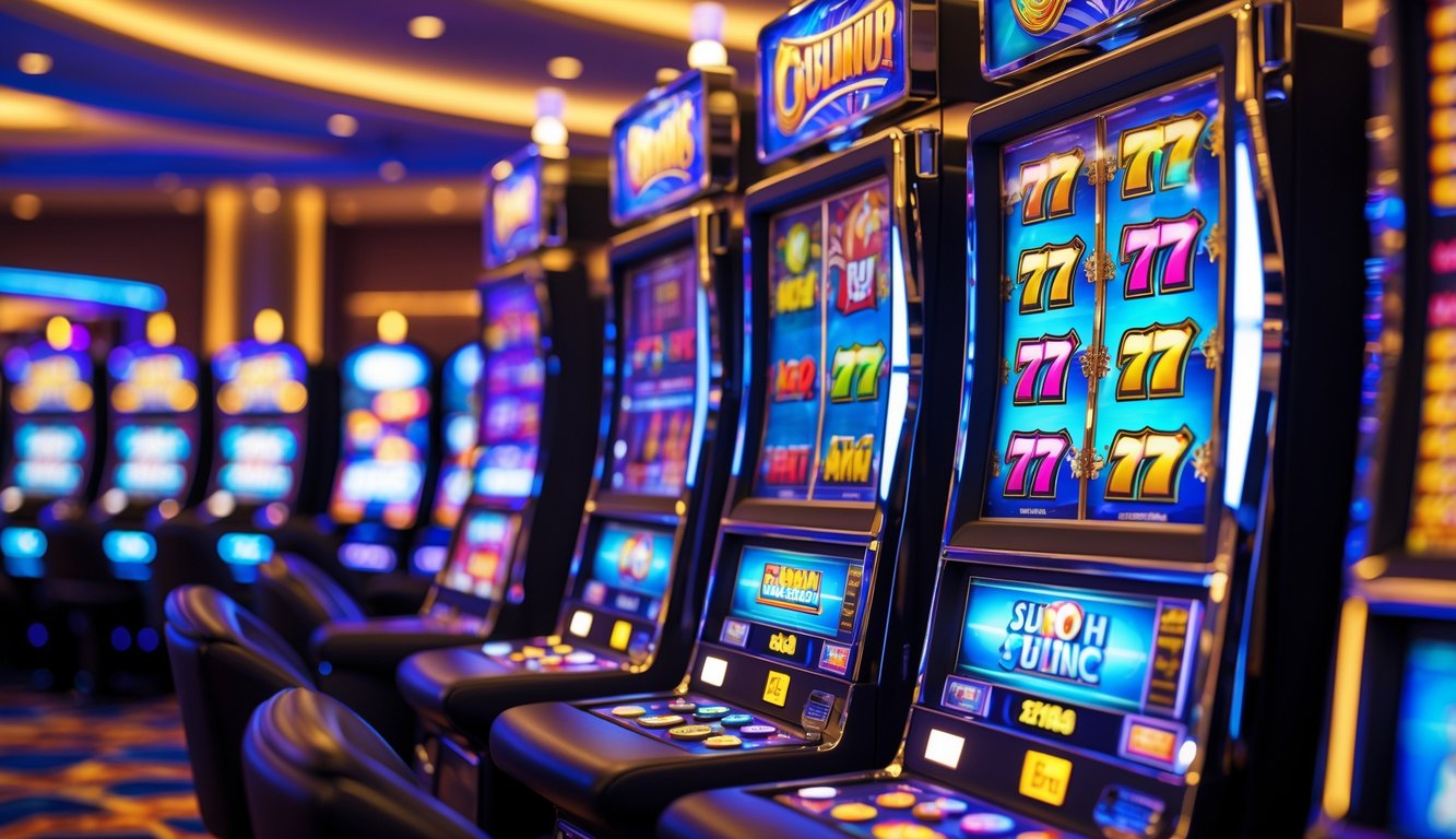 Area mesin slot kasino modern dengan mesin slot berwarna-warni yang menyala dan berputar tanpa orang di sekitar.