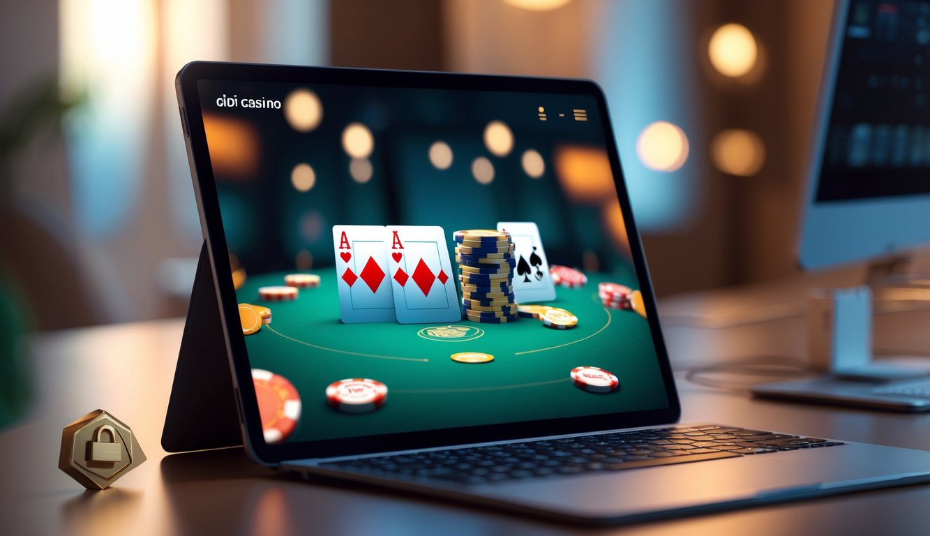 Sebuah layar perangkat digital menampilkan permainan kartu virtual dengan kartu dan chip, di latar belakang suasana kasino online yang modern dan terpercaya.