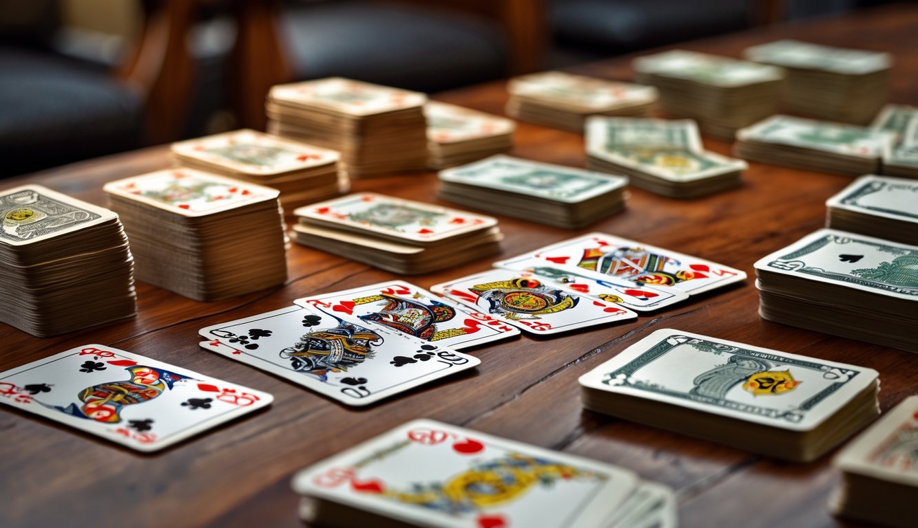 Meja kayu dengan kartu Capsa Susun yang tersusun rapi dan tumpukan uang asli di sampingnya.